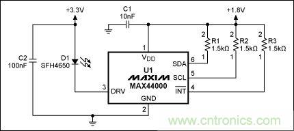 圖2：MAX44000典型電路，帶有發射器旁路