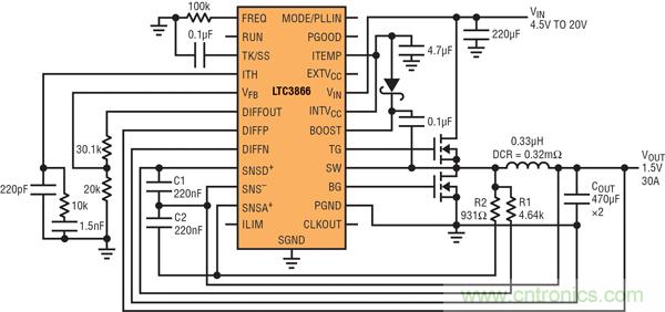 圖2：以非常低的DCR完成采樣的高效率、1.5V/30A降壓型轉換器