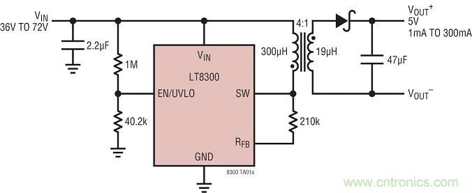 圖 1:具主端輸出電壓檢測的 LT8300 反激式轉換器