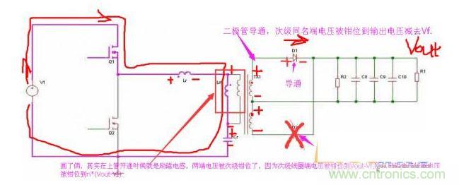 上管開通，注意諧振電感、勵磁電感、諧振電容的正負