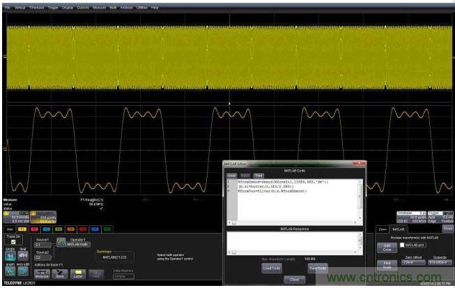 這個嵌入式MATLAB腳本用于解調調頻載波，并顯示調制波形。編輯框允許用戶不離開示波器環境就能完成腳本的創建或編輯。