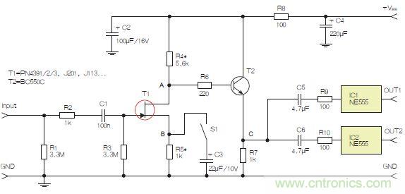 圖3：采用兩個工作在不同頻率下的555定時器電路，以獲取不同的音效。