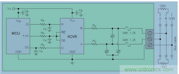 在高暴露環境中的RS-485總線的電路保護示意圖中，上圖類似&ldquo;Z&rdquo;字形的符號可代表多種過壓保護解決方案，包括Q2L系列SIDACtor保護晶閘管(圖7)。